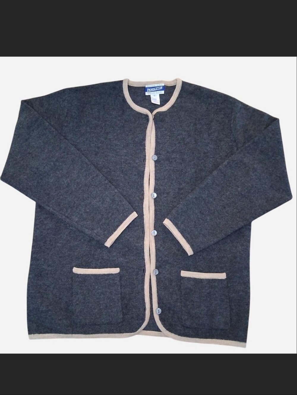 Pendleton 100% Merino Wool Cardigan Dark Gray, Cream with Pockets Size Large